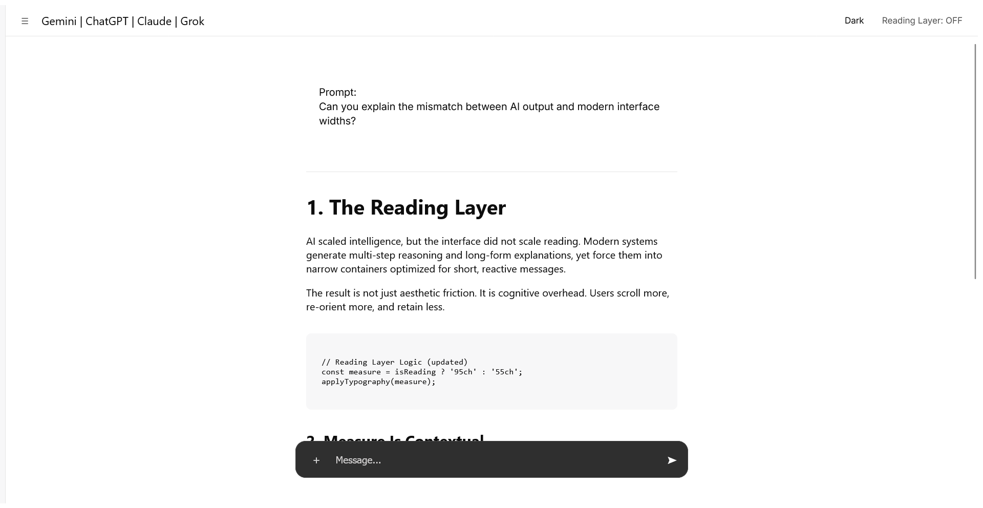 ChatGPT interface showing a long response in a narrow chat bubble